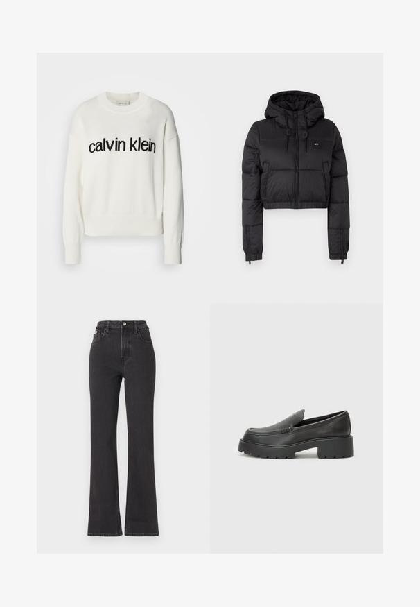 Veste rembourrée noir coupée avec capuche, équipée d'une fermeture éclair sur le devant, de deux poches latérales et d'un ourlet élastique. Texture lisse avec un minimum de marquage.; Pull en tricot blanc avec un col rond et des manches longues, présentant un logo "calvin klein" noir sur la poitrine. Texture douce, coupe courte.; Jean noir taille haute évasé en denim, avec fermeture à bouton, passants de ceinture et poches latérales. Texture lisse avec un minimum de décoloration.; Mocassins en cuir noir avec un bout arrondi, une semelle épaisse et texturée, et des détails de couture minimalistes. Design épuré sans lacets ni métal visibles.