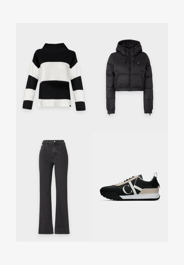 Black cropped puffer jacket with a hood, featuring a front zipper, two side pockets, and an elastic hem. Smooth texture with minimal branding.; Knit sweater featuring black and white horizontal stripes, a high collar, and long sleeves with ribbed texture.; Black high-waisted flared jeans made of denim, featuring a button closure, belt loops, and side pockets. Smooth texture with minimal fading.; Black sneaker with a beige suede accent, white logo, rubber sole, and laces. Features a durable upper and a pull tab on the heel.