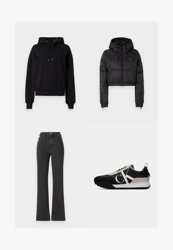 Čierna skrátená puffer bunda s kapucňou, s predným zipsom, dvoma bočnými vreckami a elastickým lemom. Hladká textúra s minimálnym brandingom.; Čierna mikina s kapucňou vyrobená z mäkkého materiálu, so šnúrkou na kapucni, pružnými manžetami a diskrétnym embosovaným logom vpredu.; Čierne džíny s vysokým pásom a rozšírenými nohavicami vyrobené z denimu, s gombíkovým zapínaním, pútkami na opasok a bočnými vreckami. Hladká textúra s minimálnym ošúchaním.; Čierne tenisky s béžovým semišovým akcentom, bielym logom, gumovou podrážkou a šnúrkami. Obsahujú odolný zvršok a pútko na päte.