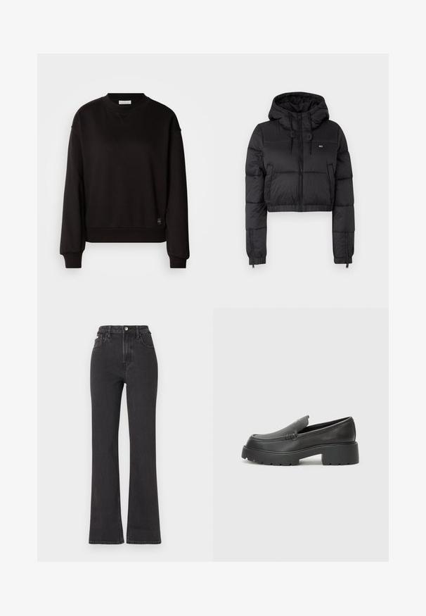 Svart kort puff-jacka med huva, med en framdragkedja, två sidofickor och en elastisk nederkant. Slät textur med minimal branding.; Svart sweatshirt i mjukt tyg med rund halsringning, långa ärmar och ribbade muddar. Har en liten logotagg vid fållen.; Svarta högmidjade utsvängda jeans i denim, med knappknäppning, bältesöglor och sidofickor. Slät textur med minimal urtvättning.; Svarta läderloafers med rund tå, tjockt strukturerat såle och minimala sömnadsdetaljer. Snygg design utan synliga snören eller beslag.