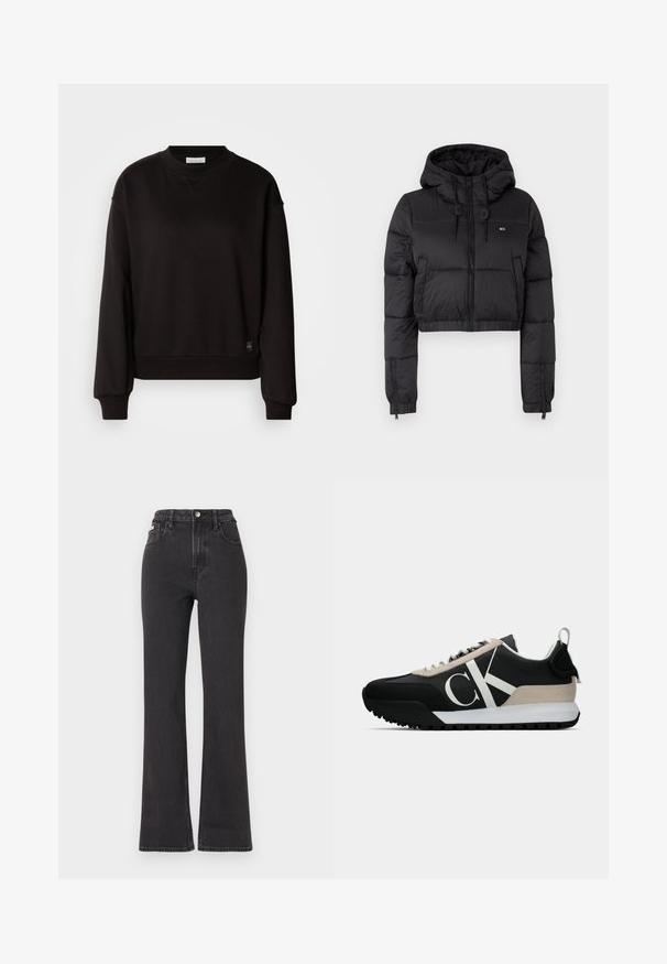 Jaqueta corta puffer preta com capuz, apresentando um fecho frontal, dois bolsos laterais e uma bainha elástica. Textura suave com mínima marcação.; Sweatshirt preto feito de tecido suave, com gola redonda, mangas longas e punhos canelados. Apresenta uma pequena etiqueta de logotipo na bainha.; Jeans flared pretos de cintura alta feitos de denim, com fecho de botão, passadores para cinto e bolsos laterais. Textura suave com desbotamento mínimo.; Sapatilha preta com um detalhe em camurça bege, logo branco, sola de borracha e atacadores. Possui um cabedal durável e uma alça na parte de trás.