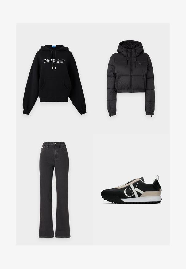 Giacca a vento cropped nera con cappuccio, dotata di chiusura frontale con zip, due tasche laterali e orlo elasticizzato. Texture liscia con branding minimale.; Felpa nera in cotone con grande tasca frontale, cappuccio regolabile con cordini, polsini a costine e logo "Off-White™" in bianco sul petto.; Jeans neri a vita alta e a zampa d'elefante in denim, con chiusura a bottoni, passanti per cintura e tasche laterali. Texture liscia con minimal fading.; Sneaker nera con un accento in suede beige, logo bianco, suola in gomma e lacci. Presenta una tomaia durevole e un'etichetta sul tallone.