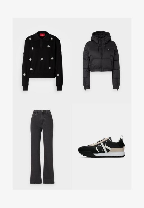 Veste rembourrée noir coupée avec capuche, équipée d'une fermeture éclair sur le devant, de deux poches latérales et d'un ourlet élastique. Texture lisse avec un minimum de marquage.; Pull noir à col, orné d'applications florales en argent, avec des poignets et un ourlet côtelés.; Jean noir taille haute évasé en denim, avec fermeture à bouton, passants de ceinture et poches latérales. Texture lisse avec un minimum de décoloration.; Baskets noires avec un accent en daim beige, logo blanc, semelle en caoutchouc et lacets. Présente une tige durable et une languette au talon.