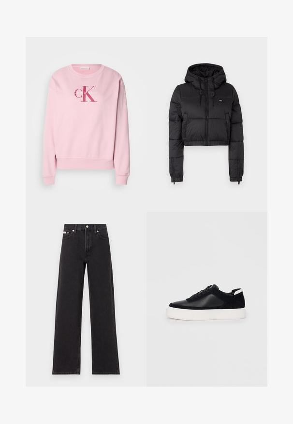 Jaqueta corta puffer preta com capuz, apresentando um fecho frontal, dois bolsos laterais e uma bainha elástica. Textura suave com mínima marcação.; Sweatshirt rosa com decote redondo, mangas longas e um logótipo frontal com o texto "Calvin Klein" e "cK" em cores contrastantes.; Jeans de perna larga pretos feitos de denim, apresentando uma cintura alta, estilo de cinco bolsos e um fecho em botão de metal com costura contrastante.; Sapatilha preta com painéis de pele lisa e camurça, atacadores planos, bico arredondado e sola de borracha branca. Logótipo distinto no calcanhar.