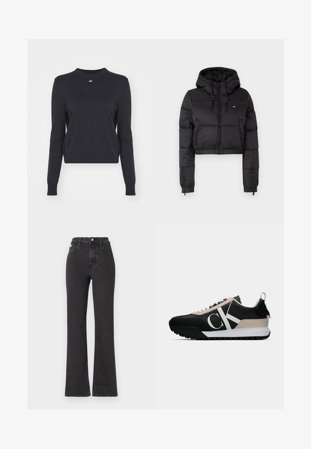 Must musta puffer jakk, millel on kapuuts, esiküljel lukuga kinni, kahes külg taskus ja elastne alläär. Sile tekstuur, minimaalne bränding.; Tume meresinine sveter, ümar kaelaauk, pikad varrukad, pehme kudumise tekstuur, ribakujuline äär ja varrukad, väike logo rinnal, lühendatud disain.; Mustad kõrge vöökohaga laienevad teksapüksid, mis on valmistatud denimist, varustatud nööbiga kinnitamise, vöörihmade ja küljetaskutega. Sile tekstuur minimaalse pleekimisega.; Mustan värvi tennised, millel on beeži nubukist aktsent, valge logo, kummist tallad ja paelad. Omab vastupidavat pealist ja tõmbeosa kannal.