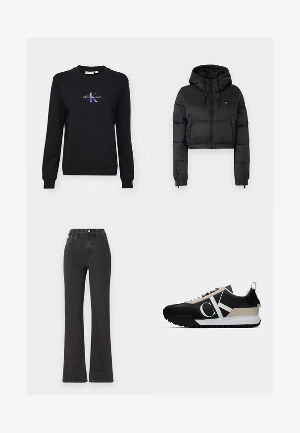 Chaqueta acolchada recortada negra con capucha, que cuenta con un cierre frontal, dos bolsillos laterales y un dobladillo elástico. Textura suave con un mínimo de marcas.; Sudadera de cuello redondo de algodón negro con un logo gráfico de color "Calvin Klein Jeans" en el centro. Detalles acanalados en puños y dobladillo.; Jeans de cintura alta negros en tejido de mezclilla, con cierre de botón, presillas para cinturón y bolsillos laterales. Textura suave con un desvanecimiento mínimo.; Zapatilla negra con un acento de ante beige, logo blanco, suela de goma y cordones. Presenta un upper duradero y un tirador en el talón.