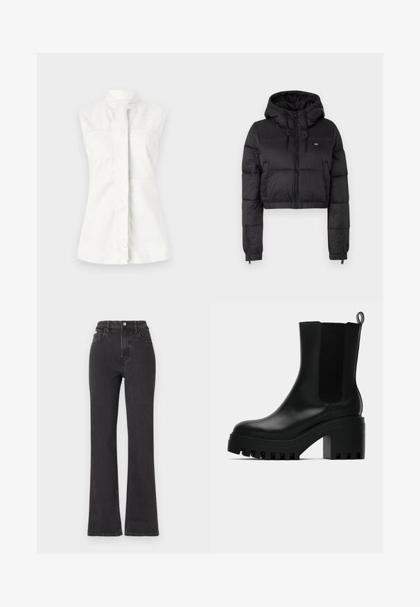 Giacca a vento cropped nera con cappuccio, dotata di chiusura frontale con zip, due tasche laterali e orlo elasticizzato. Texture liscia con branding minimale.; Camisetta bianca senza maniche con colletto alto, caratterizzata da un sottile motivo a spirale e una chiusura frontale. Tessuto liscio, vestibilità sartoriale e assenza di elementi hardware visibili.; Jeans neri a vita alta e a zampa d'elefante in denim, con chiusura a bottoni, passanti per cintura e tasche laterali. Texture liscia con minimal fading.; Stivaletto in pelle nera con punta rotonda, suola a piattaforma spessa e dettagli in rete sui lati. Presenta un manico per indossarlo facilmente.