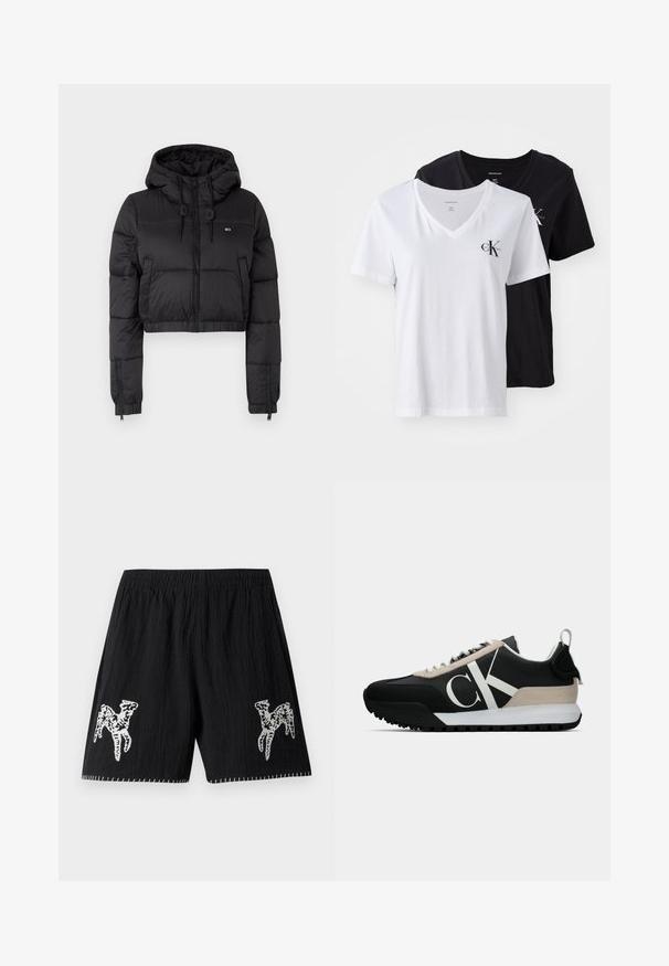 Jaqueta corta puffer preta com capuz, apresentando um fecho frontal, dois bolsos laterais e uma bainha elástica. Textura suave com mínima marcação.; Duas t-shirts de gola em V: uma branca, outra preta. Ambas são de algodão, com mangas curtas e um pequeno logo no lado esquerdo do peito. Design simples.; Shorts pretos com tecido texturizado; apresenta um design bordado branco em ambas as pernas e costura em contraste ao longo da bainha. Cintura elástica.; Sapatilha preta com um detalhe em camurça bege, logo branco, sola de borracha e atacadores. Possui um cabedal durável e uma alça na parte de trás.