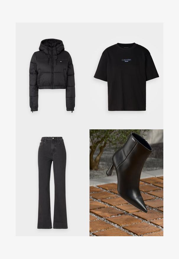 Jaqueta corta puffer preta com capuz, apresentando um fecho frontal, dois bolsos laterais e uma bainha elástica. Textura suave com mínima marcação.; T-shirt preta de algodão com gola redonda, mangas curtas e logo bordado azul "Calvin Klein JEANS" na parte da frente.; Jeans flared pretos de cintura alta feitos de denim, com fecho de botão, passadores para cinto e bolsos laterais. Textura suave com desbotamento mínimo.; Bota de tornozelo em couro preto com bico pontiagudo e um salto geométrico. Apresenta uma marcação subtil e uma textura suave. O fundo tem azulejos texturizados.