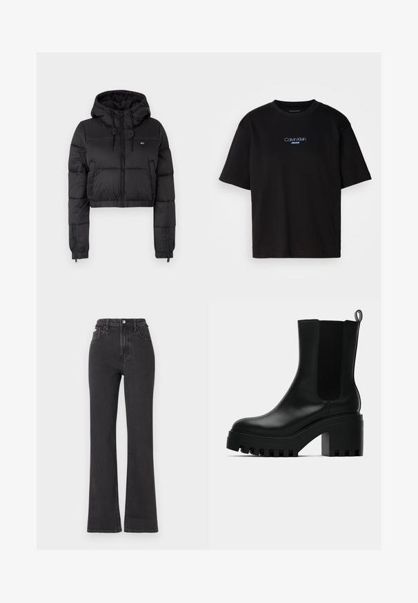 Črna skrajšana puffer jakna s kapuco, z zadrgo spredaj, dvema stranskima žepoma in elastičnim robom. Gladka tekstura z minimalnim logotipom.; Črna bombažna majica s krožnim izrezom, kratkimi rokavi in modrim vezenim logotipom "Calvin Klein JEANS" na sprednji strani.; Črne kavbojke s visokim pasom in razširjenimi hlačnicami, narejene iz denima, z gumbom za zapiranje, zankami za pas in stranskimi žepi. Gladka tekstura z minimalnim bledenjem.; Črne usnjene gležnjarje s okroglo konico, debelim podplatom in stranskimi mrežastimi detajli. Imajo zanko za enostavno obuvanje.
