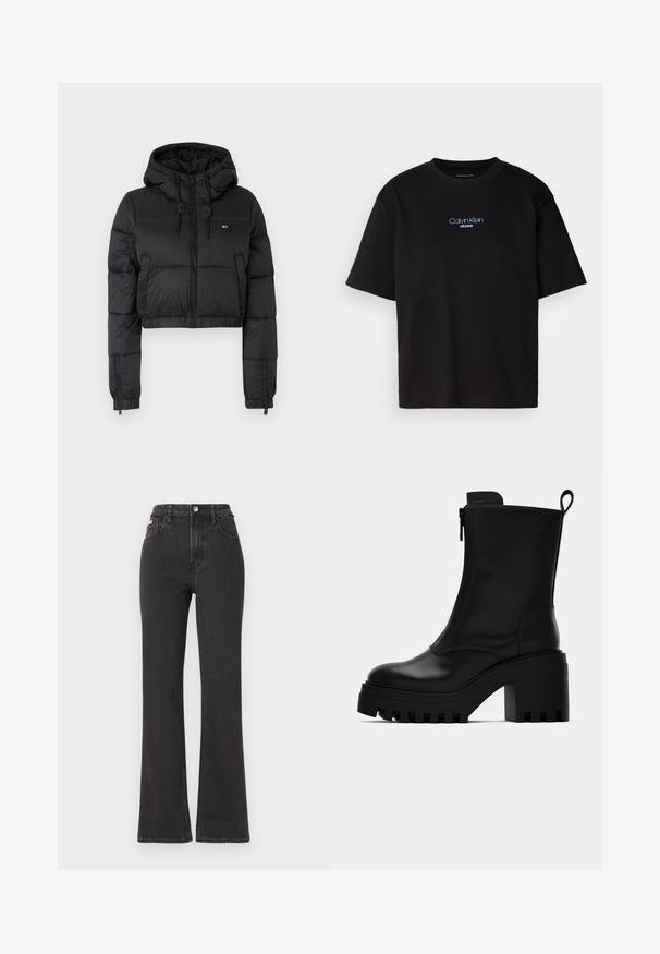 Jaqueta corta puffer preta com capuz, apresentando um fecho frontal, dois bolsos laterais e uma bainha elástica. Textura suave com mínima marcação.; T-shirt preta de algodão com gola redonda, mangas curtas e logo bordado azul "Calvin Klein JEANS" na parte da frente.; Jeans flared pretos de cintura alta feitos de denim, com fecho de botão, passadores para cinto e bolsos laterais. Textura suave com desbotamento mínimo.; Botim de pele preto até ao tornozelo com sola robusta, salto bloco, fecho lateral e alça na parte de trás sobre fundo branco liso.