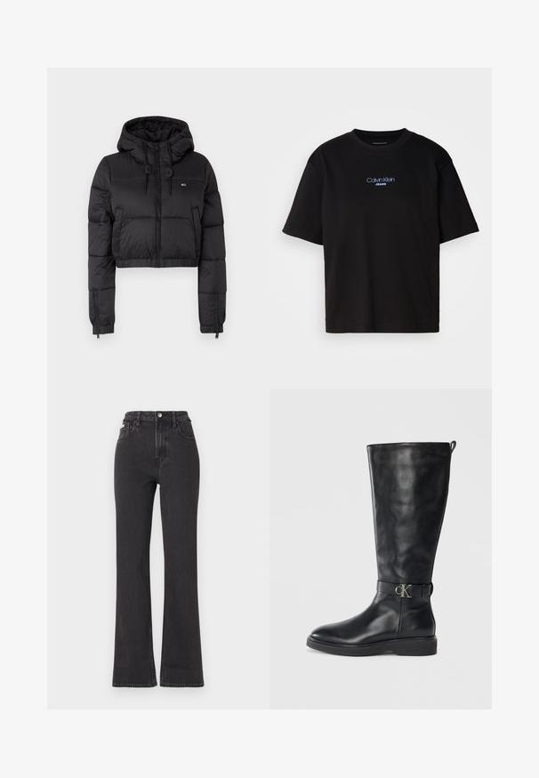 Black cropped puffer jacket with a hood, featuring a front zipper, two side pockets, and an elastic hem. Smooth texture with minimal branding.; Black cotton t-shirt with a round neck, short sleeves, and blue embroidered "Calvin Klein JEANS" logo on the front.; Black high-waisted flared jeans made of denim, featuring a button closure, belt loops, and side pockets. Smooth texture with minimal fading.; Black leather knee-high boot with low heel, round toe, and metallic "CK" logo buckle strap around the ankle.