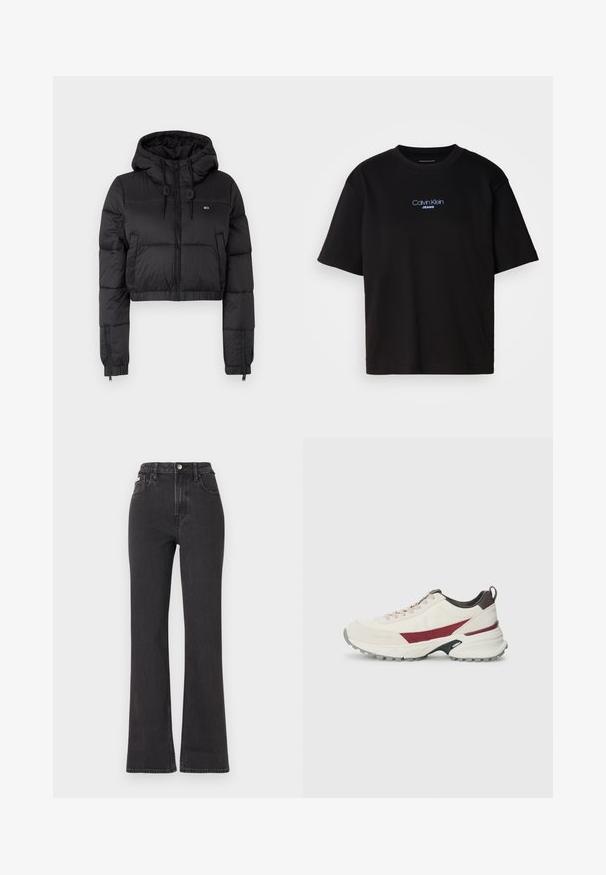 Jaqueta corta puffer preta com capuz, apresentando um fecho frontal, dois bolsos laterais e uma bainha elástica. Textura suave com mínima marcação.; T-shirt preta de algodão com gola redonda, mangas curtas e logo bordado azul "Calvin Klein JEANS" na parte da frente.; Jeans flared pretos de cintura alta feitos de denim, com fecho de botão, passadores para cinto e bolsos laterais. Textura suave com desbotamento mínimo.; Sapatilha em off-white com acabamentos em borgonha, material superior texturizado, sola de borracha resistente, bico redondo e sistema de atacadores.