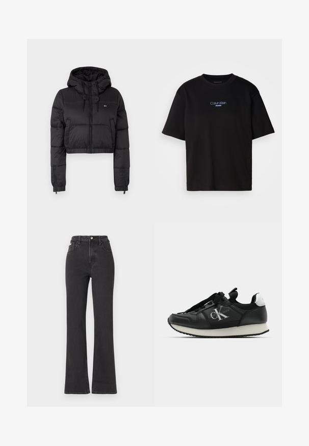 Fekete, rövidített puffertakaró kabát kapucnival, elülső cipzárral, két oldalsó zsebbel és elasztikus aljjal. Sima textúra, minimális márkázással.; Fekete pamut póló kerek nyakkal, rövid ujjú, elöl kék hímzett "Calvin Klein JEANS" logóval.; Fekete, magas derekú, trapéz fazonú farmernadrág, gombos záródással, övrésszel és oldalsó zsebekkel. Sima textúrájú, minimális kopással.; Fekete bőr sportcipő fehér talppal, oldalán logóval, fekete fűzők és kontrasztos sarkú kiegészítővel. Klasszikus sportos kialakítás.