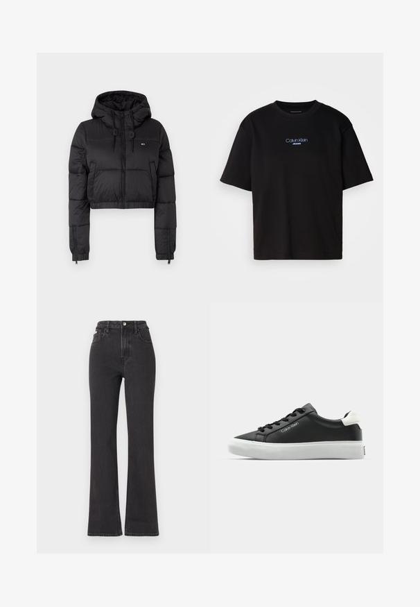 Veste rembourrée noir coupée avec capuche, équipée d'une fermeture éclair sur le devant, de deux poches latérales et d'un ourlet élastique. Texture lisse avec un minimum de marquage.; T-shirt en coton noir avec un col rond, des manches courtes et un logo brodé bleu "Calvin Klein JEANS" sur le devant.; Jean noir taille haute évasé en denim, avec fermeture à bouton, passants de ceinture et poches latérales. Texture lisse avec un minimum de décoloration.; Baskets en cuir noir avec semelle en caoutchouc blanc. Dotées de lacets noirs et d'un logo sur le côté. Bout arrondi et col rembourré.