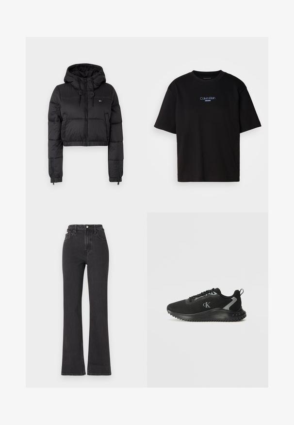 Veste rembourrée noir coupée avec capuche, équipée d'une fermeture éclair sur le devant, de deux poches latérales et d'un ourlet élastique. Texture lisse avec un minimum de marquage.; T-shirt en coton noir avec un col rond, des manches courtes et un logo brodé bleu "Calvin Klein JEANS" sur le devant.; Jean noir taille haute évasé en denim, avec fermeture à bouton, passants de ceinture et poches latérales. Texture lisse avec un minimum de décoloration.; Baskets de sport basses noires en maille respirante, avec un système de laçage, une semelle texturée, et le logo "cK" sur le côté.