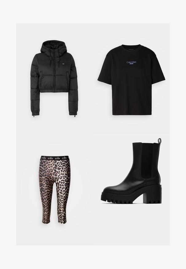 Čierna skrátená puffer bunda s kapucňou, s predným zipsom, dvoma bočnými vreckami a elastickým lemom. Hladká textúra s minimálnym brandingom.; Čierne bavlnené tričko s okrúhlym výstrihom, krátkymi rukávmi a modrým vyšívaným logom "Calvin Klein JEANS" na prednej strane.; Zkrátené legíny vyrobené z elastického materiálu s čierno-zlatým leopardím vzorom a čiernym elastickým pásom.; Čierne kožené členkové topánky s okrúhlou špičkou, robustnou platformou a bočnými akcentmi z jemnej sieťoviny. Obsahujú pútko pre jednoduché obúvanie.
