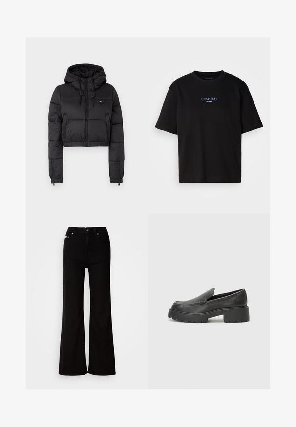 Fekete, rövidített puffertakaró kabát kapucnival, elülső cipzárral, két oldalsó zsebbel és elasztikus aljjal. Sima textúra, minimális márkázással.; Fekete pamut póló kerek nyakkal, rövid ujjú, elöl kék hímzett "Calvin Klein JEANS" logóval.; Fekete farmer bőszárú nadrág magas derekkal, cipzáras és gombos záródással, oldalsó zsebekkel és diszkrét fém részletekkel.; Fekete bőr loafer cipők kerek orral, vastag, texturált talppal és minimális varrási részletekkel. Áramvonalas dizájn, látható fűzők vagy fém részek nélkül.