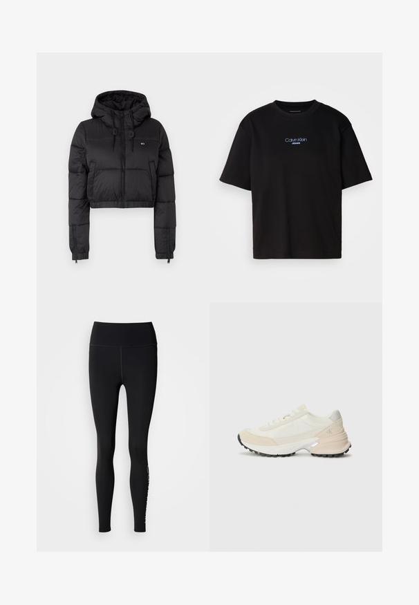 Černá zkrácená puffer bunda s kapucí, vybavená předním zipem, dvěma bočními kapsami a elastickým lemem. Hladká textura s minimálním značením.; Černé bavlněné tričko s kulatým výstřihem a krátkými rukávy, s modrou vyšitou nášivkou "Calvin Klein JEANS" na přední straně.; Černé legíny s vysokým pasem, hladkou texturou, celoplošným střihem a bílým logem na dolní části levé nohy.; Lehké tenisky s béžovými a bílými materiály, polstrovaným límcem, texturovanými semišovými akcenty a černou gumovou podrážkou.