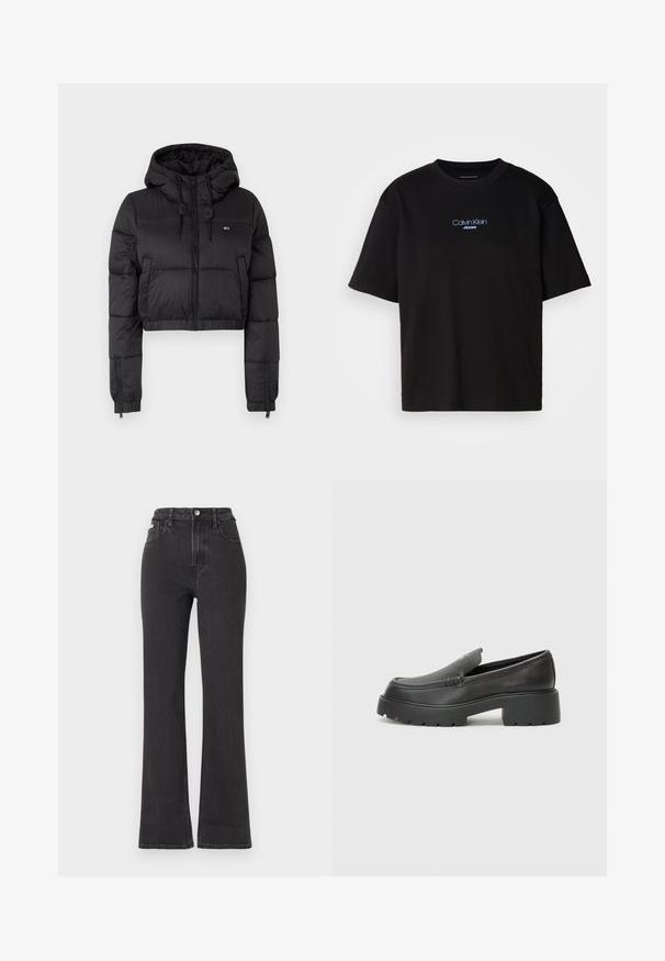 Jaqueta corta puffer preta com capuz, apresentando um fecho frontal, dois bolsos laterais e uma bainha elástica. Textura suave com mínima marcação.; T-shirt preta de algodão com gola redonda, mangas curtas e logo bordado azul "Calvin Klein JEANS" na parte da frente.; Jeans flared pretos de cintura alta feitos de denim, com fecho de botão, passadores para cinto e bolsos laterais. Textura suave com desbotamento mínimo.; Mocassins de couro preto com bico arredondado, sola espessa e texturizada, e detalhes de costura minimalistas. Design elegante sem atacadores ou ferragens visíveis.