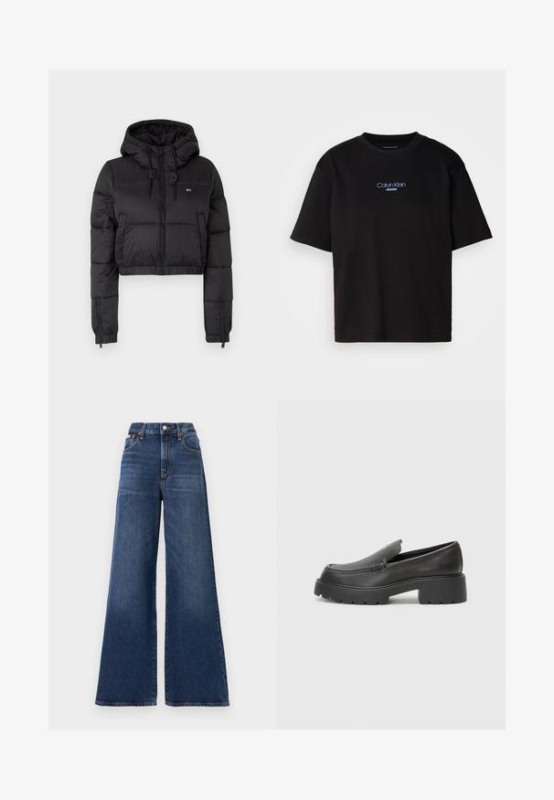 Melna saīsināta pūkainā jaka ar kapuci, ar priekšējo rāvējslēdzēju, divām sānu kabatām un elastīgu apakšmalu. Gluda tekstūra ar minimālu zīmolu.; Melna kokvilnas T-kreklu ar apaļu kaklu, īsām piedurknēm un zilu izšūtu "Calvin Klein JEANS" logo priekšpusē.; Augsti vidukļa, platu kāju džinsi no tumši zilas denima, ar pogu aizdari, piecām kabatām un vieglu izbalējumu uz gurniem.; Melnas ādas mokasīni ar noapaļotu purngalu, biezs teksturēts zoles un minimālas dūriena detaļas. Gluds dizains bez redzamām auklām vai metāla elementiem.