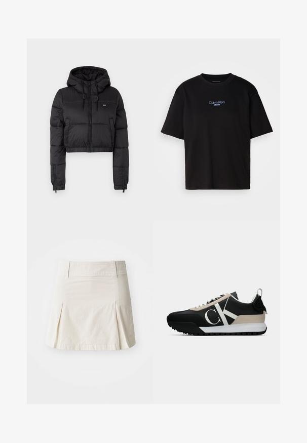 Svart cropped pufferjakke med hette, med glidelås foran, to sidelommer og elastisk avslutning. Glatt tekstur med minimal merkevare.; Sort bomull t-skjorte med rund hals, korte ermer, og blå brodert "Calvin Klein JEANS" logo på forsiden.; Lys beige bomullskjørt med fitted midje, plisserte detaljer og rett søm, med en glatt tekstur og uten synlig maskinvare.; Svart sneaker med en beige semsket aksent, hvit logo, gummisåle og snører. Har et slitesterkt overmateriale og en løfletapp på hælen.
