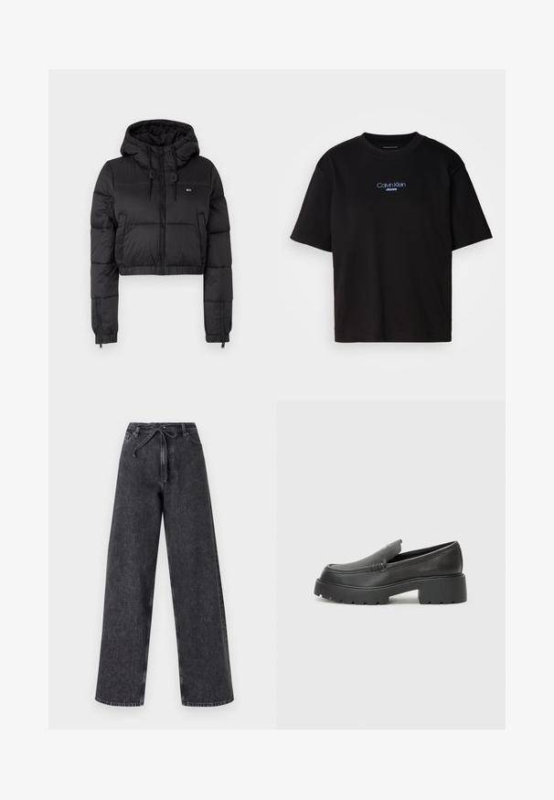 Crna skraćena puffer jakna s kapuljačom, s prednjim zatvaračem, dva bočna džepa i elastičnom donjom rubom. Glatka tekstura s minimalnim brendiranjem.; Crna pamučna majica s okruglim izrezom, kratkim rukavima i plavim izvezenim logom "Calvin Klein JEANS" na prednjoj strani.; Crne traperice visokog struka širokih nogavica s zatvaranjem na vezicu. Imaju izblijedjelu teksturu i suptilne detalje šivanja.; Crne kožne loaferice s zaobljenim vrhom, debelim teksturiranim potplatom i minimalnim detaljima šivanja. Elegantna izrada bez vidljivih vezica ili metalnih elemenata.