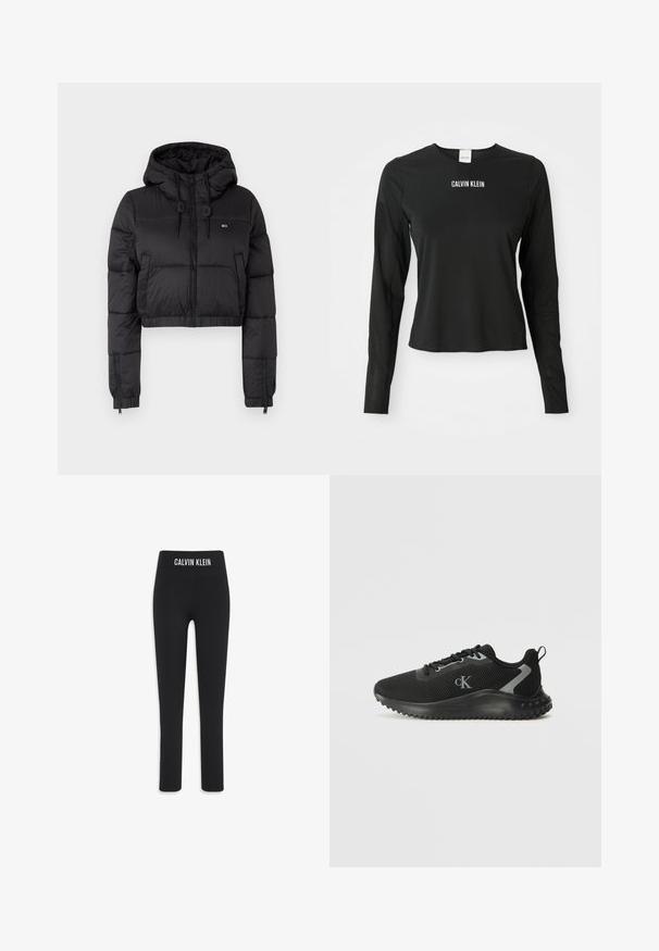 Black cropped puffer jacket with a hood, featuring a front zipper, two side pockets, and an elastic hem. Smooth texture with minimal branding.; Black long-sleeve mesh top with crew neck, featuring white "CALVIN KLEIN" logo centered on the chest.; Black leggings made from stretchy material, featuring a wide waistband with "CALVIN KLEIN" logo, slim fit, and ankle-length design.; Black low-top athletic sneaker with breathable mesh, lace-up design, textured sole, and "cK" logo on the side.