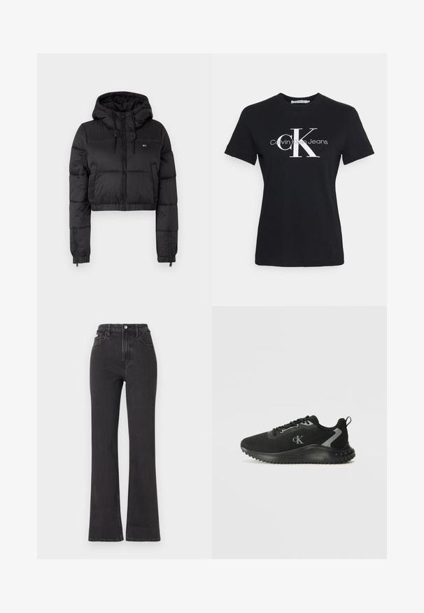 Svart cropped pufferjakke med hette, med glidelås foran, to sidelommer og elastisk avslutning. Glatt tekstur med minimal merkevare.; Svart bomull T-skjorte med korte ermer, med en hvit "CK" logo og teksten "Calvin Klein Jeans" i en moderne skrifttype på forsiden.; Svarte høyt midje, utsvingte jeans laget av denim, med knappelukking, beltehemper og sidelommer. Glatt tekstur med minimal falming.; Svart lavtoppaid sneakers med pustende mesh, snøret design, teksturert såle og "cK" logo på siden.