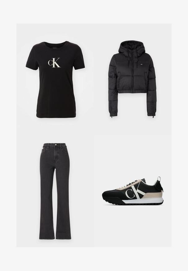 Giacca a vento cropped nera con cappuccio, dotata di chiusura frontale con zip, due tasche laterali e orlo elasticizzato. Texture liscia con branding minimale.; T-shirt nera a maniche corte in cotone con scollo rotondo. Presenta un grande logo "cK" bianco sul davanti. Design semplice, senza motivi.; Jeans neri a vita alta e a zampa d'elefante in denim, con chiusura a bottoni, passanti per cintura e tasche laterali. Texture liscia con minimal fading.; Sneaker nera con un accento in suede beige, logo bianco, suola in gomma e lacci. Presenta una tomaia durevole e un'etichetta sul tallone.
