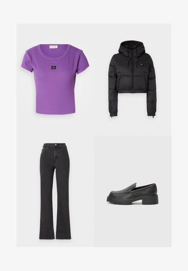 Black cropped puffer jacket with a hood, featuring a front zipper, two side pockets, and an elastic hem. Smooth texture with minimal branding.; Purple ribbed short-sleeve t-shirt featuring a round neckline and a small black Calvin Klein logo on the chest. Soft texture.; Black high-waisted flared jeans made of denim, featuring a button closure, belt loops, and side pockets. Smooth texture with minimal fading.; Black leather loafers with a rounded toe, thick textured sole, and minimal stitching details. Sleek design with no visible laces or hardware.