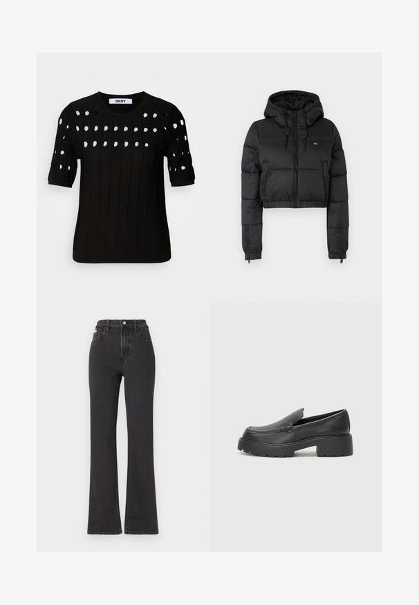 Juodas trumpas pūkinis džemperis su gobtuvu, su priekine užtrauktuku, dviem šoninėmis kišenėmis ir elastingu apačiu. Lygi tekstūra su minimaliu ženklinimu.; Juodas megztinis su trumpomis rankovėmis, raštuota tekstūra ir apvaliu iškirpimu. Daugiau neišgręžti skylučių sukuria raštą priekyje.; Juodi aukštu liemeniu platėjantys džinsai, pagaminti iš džinsinio audinio, su mygtuko uždarymu, diržo kilpomis ir šoninėmis kišenėmis. Lygus paviršius su minimaliais išblukimais.; Juodi odiniai loaferiai su apvaliu pirštu, storu tekstūruotu padu ir minimaliu siūlių dekoru. Išskirtinis dizainas be matomų raištelių ar furnitūros.