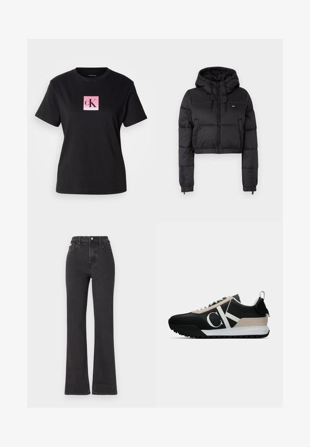 Črna skrajšana puffer jakna s kapuco, z zadrgo spredaj, dvema stranskima žepoma in elastičnim robom. Gladka tekstura z minimalnim logotipom.; Črna bombažna majica s kratkimi rokavi z okroglim izrezom, ki prikazuje kvadratni rožnat gradient logotip z "cK" v črni pisavi na sredini.; Črne kavbojke s visokim pasom in razširjenimi hlačnicami, narejene iz denima, z gumbom za zapiranje, zankami za pas in stranskimi žepi. Gladka tekstura z minimalnim bledenjem.; Črne tene z bež usnjenim detajlom, belim logotipom, gumijastim podplatom in vezalkami. Imajo trpežno zgornji del in zanko za vlečenje na peti.