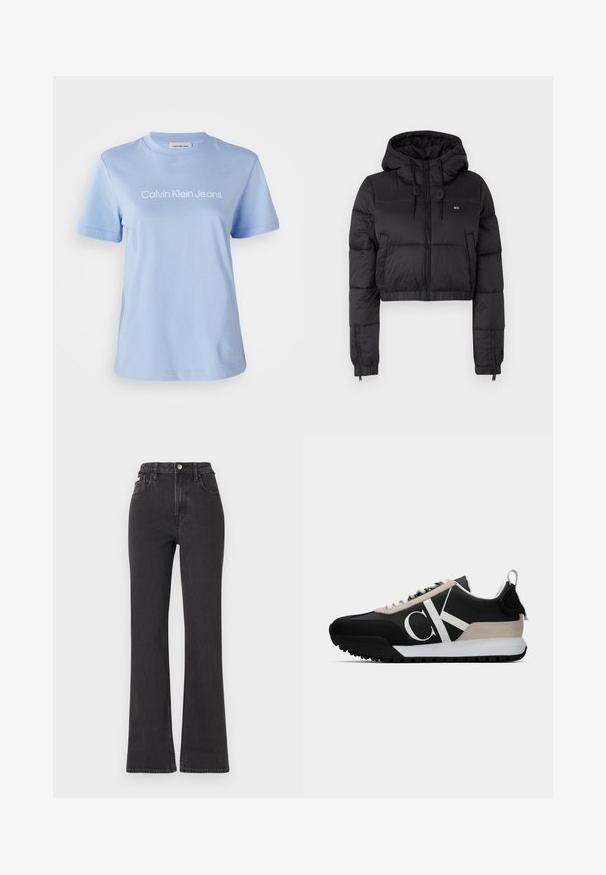 Črna skrajšana puffer jakna s kapuco, z zadrgo spredaj, dvema stranskima žepoma in elastičnim robom. Gladka tekstura z minimalnim logotipom.; Svijetloplava pamučna majica kratkih rukava, okruglog izreza, sa otisnutim logotipom "Calvin Klein Jeans" u bijeloj boji preko prsnog dijela.; Črne kavbojke s visokim pasom in razširjenimi hlačnicami, narejene iz denima, z gumbom za zapiranje, zankami za pas in stranskimi žepi. Gladka tekstura z minimalnim bledenjem.; Črne tene z bež usnjenim detajlom, belim logotipom, gumijastim podplatom in vezalkami. Imajo trpežno zgornji del in zanko za vlečenje na peti.