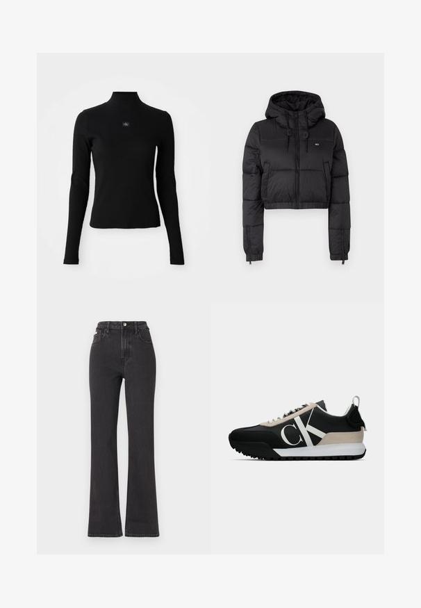 Black cropped puffer jacket with a hood, featuring a front zipper, two side pockets, and an elastic hem. Smooth texture with minimal branding.; Black long-sleeve top with a high neckline and a fitted design. Features a small logo patch on the front. Smooth, ribbed texture.; Black high-waisted flared jeans made of denim, featuring a button closure, belt loops, and side pockets. Smooth texture with minimal fading.; Black sneaker with a beige suede accent, white logo, rubber sole, and laces. Features a durable upper and a pull tab on the heel.