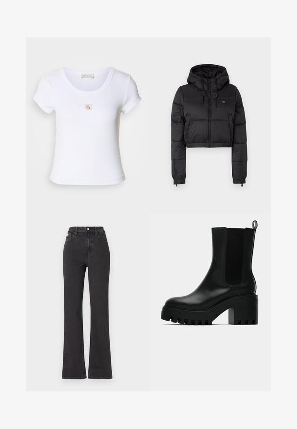 Crna skraćena puffer jakna s kapuljačom, s prednjim zatvaračem, dva bočna džepa i elastičnom donjom rubom. Glatka tekstura s minimalnim brendiranjem.; Bijela prilagođena majica s kratkim rukavima od rebrastog materijala, s okruglim izrezom. Mali CK logo je ušiven na prsima.; Crne traperice s visokim strukom i proširenim dnom, izrađene od denima, s kopčanjem na dugme, petljama za remen i bočnim džepovima. Glatka tekstura s minimalnim izblijedjenjem.; Crne kožne gležnjače s okruglim vrhom, debelim platformom i mrežastim bočnim detaljima. Imaju i uvučenu petlju za lakše obuvanje.