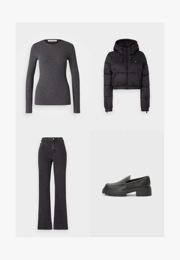Jaqueta corta puffer preta com capuz, apresentando um fecho frontal, dois bolsos laterais e uma bainha elástica. Textura suave com mínima marcação.; Camisola de manga longa, com decote redondo em cinza escuro, feita de tecido canelado com um design ajustado, apresentando uma textura suave e detalhes mínimos.; Jeans flared pretos de cintura alta feitos de denim, com fecho de botão, passadores para cinto e bolsos laterais. Textura suave com desbotamento mínimo.; Mocassins de couro preto com bico arredondado, sola espessa e texturizada, e detalhes de costura minimalistas. Design elegante sem atacadores ou ferragens visíveis.