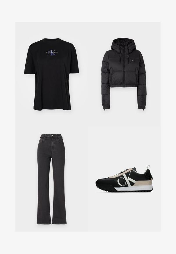 Svart cropped pufferjakke med hette, med glidelås foran, to sidelommer og elastisk avslutning. Glatt tekstur med minimal merkevare.; Svart bomulls t-skjorte med rund hals, med en fremtredende blå og hvit "Calvin Klein Jeans" logo over brystet.; Svarte høyt midje, utsvingte jeans laget av denim, med knappelukking, beltehemper og sidelommer. Glatt tekstur med minimal falming.; Svart sneaker med en beige semsket aksent, hvit logo, gummisåle og snører. Har et slitesterkt overmateriale og en løfletapp på hælen.
