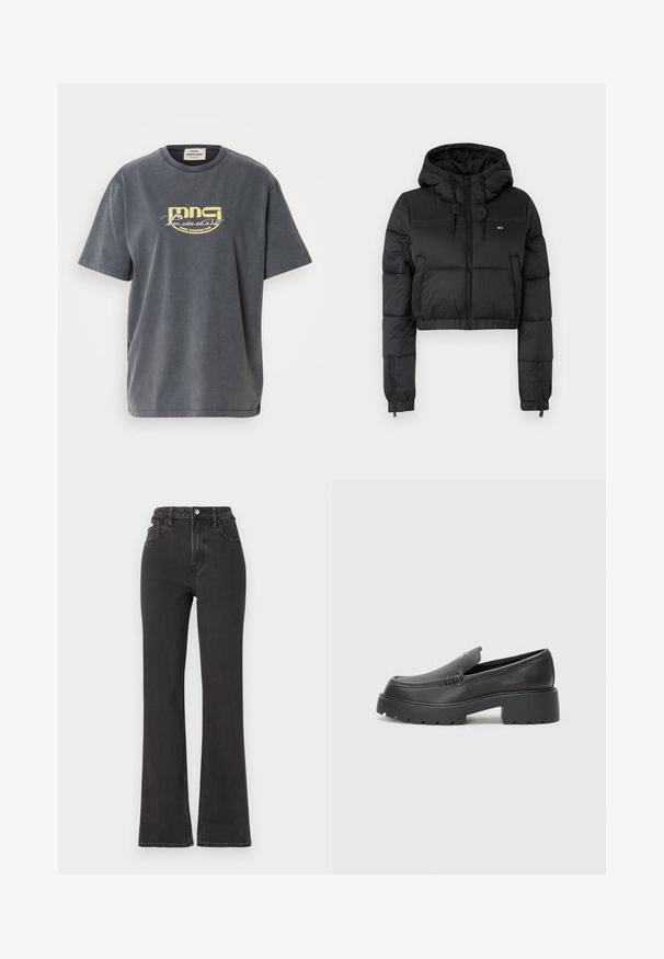 Zwarte cropped pufferjack met capuchon, voorzien van een ritssluiting aan de voorkant, twee zijzakken en een elastische zoom. Glad textuur met minimale branding.; Grijze katoenen t-shirt met korte mouwen. Heeft een gele grafische print met de tekst "MNG Paradise Disco Dancing Club" op de voorkant.; Zwarte hoge taille flared jeans van denim, met een knoopsluiting, riemlussen en zijzakken. Gladde textuur met minimale vervaging.; Zwarte leren instappers met een ronde neus, dikke getextureerde zool en minimale stikseldetails. Strak ontwerp zonder zichtbare veters of hardware.