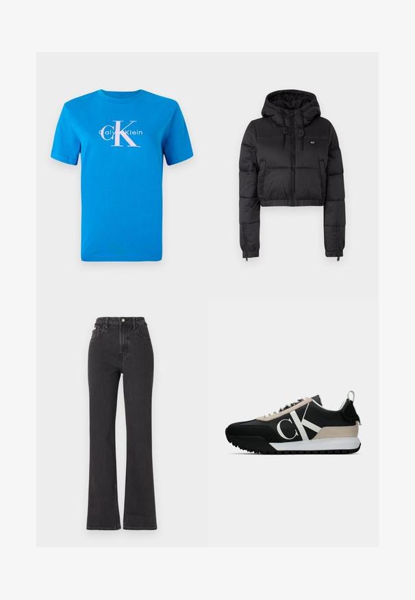Černá zkrácená puffer bunda s kapucí, vybavená předním zipem, dvěma bočními kapsami a elastickým lemem. Hladká textura s minimálním značením.; Modrá bavlněná tričko s krátkým rukávem, se bílým logem Calvin Klein a velkou růžovou grafikou "CK" umístěnou ve středu na přední straně.; Černé vysoké rozšířené džíny z denimu, se zapínáním na knoflík, poutky na opasek a bočními kapsami. Hladká textura s minimálním vyblednutím.; Černé tenisky s béžovým semišovým akcentem, bílým logem, gumovou skluznicí a tkaničkami. Nabízejí odolný svršek a poutko na patě.