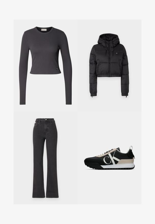 Črna skrajšana puffer jakna s kapuco, z zadrgo spredaj, dvema stranskima žepoma in elastičnim robom. Gladka tekstura z minimalnim logotipom.; Dolge rokave, skrajšan top v temno sivi rebrasti tkanini z okruglim izrezom in majhnim logotipom na robu. Gladka tekstura, prilegajoča oblika.; Črne kavbojke s visokim pasom in razširjenimi hlačnicami, narejene iz denima, z gumbom za zapiranje, zankami za pas in stranskimi žepi. Gladka tekstura z minimalnim bledenjem.; Črne tene z bež usnjenim detajlom, belim logotipom, gumijastim podplatom in vezalkami. Imajo trpežno zgornji del in zanko za vlečenje na peti.