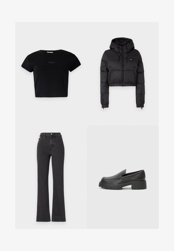 Svart kort puff-jacka med huva, med en framdragkedja, två sidofickor och en elastisk nederkant. Slät textur med minimal branding.; Svart ribbad kortärmad crop top i mjukt material, med en subtil Calvin Klein-logotyp i mitten. Enkelt, klassiskt design.; Svarta högmidjade utsvängda jeans i denim, med knappknäppning, bältesöglor och sidofickor. Slät textur med minimal urtvättning.; Svarta läderloafers med rund tå, tjockt strukturerat såle och minimala sömnadsdetaljer. Snygg design utan synliga snören eller beslag.
