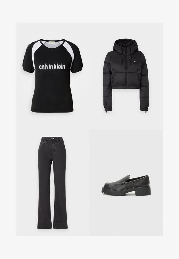 Melna saīsināta pūkainā jaka ar kapuci, ar priekšējo rāvējslēdzēju, divām sānu kabatām un elastīgu apakšmalu. Gluda tekstūra ar minimālu zīmolu.; Melna adīta krūštura augšdaļa ar baltām raglanu piedurknēm. Priekšā krūtīm ir balts teksts "calvinklein". Apaļa kakla izgriezuma forma. Mīksta tekstūra.; Melnas augstā jostasvietā plati izgrieztas džinsus no denima, ar pogu aizdari, jostas cilpām un sānu kabatām. Gluda tekstūra ar minimālu izbalēšanu.; Melnas ādas mokasīni ar noapaļotu purngalu, biezs teksturēts zoles un minimālas dūriena detaļas. Gluds dizains bez redzamām auklām vai metāla elementiem.