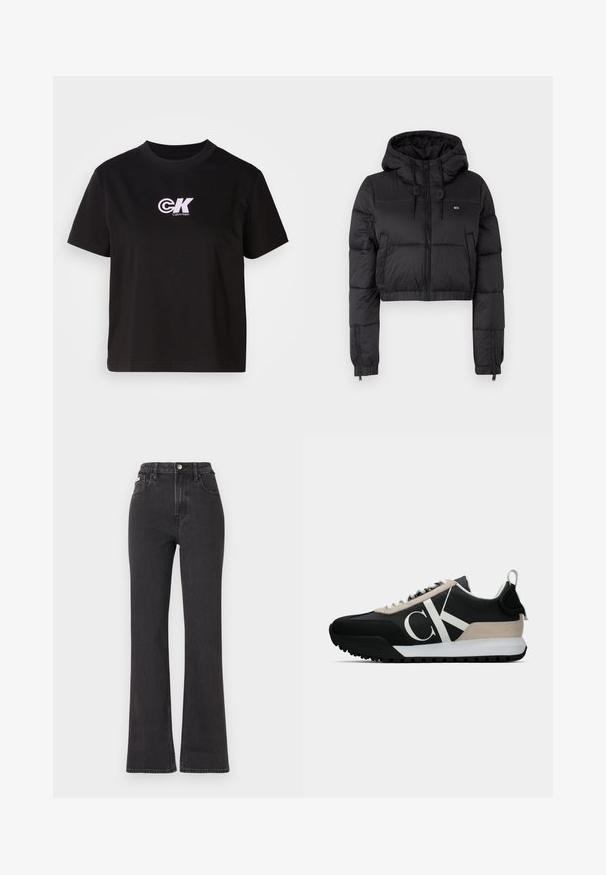 Čierna skrátená puffer bunda s kapucňou, s predným zipsom, dvoma bočnými vreckami a elastickým lemom. Hladká textúra s minimálnym brandingom.; Čierne bavlnené tričko s okrúhlym výstrihom a krátkymi rukávmi. Na hornej ľavej strane hrude sa nachádza logo "CK" v bielej a ružovej farbe.; Čierne džíny s vysokým pásom a rozšírenými nohavicami vyrobené z denimu, s gombíkovým zapínaním, pútkami na opasok a bočnými vreckami. Hladká textúra s minimálnym ošúchaním.; Čierne tenisky s béžovým semišovým akcentom, bielym logom, gumovou podrážkou a šnúrkami. Obsahujú odolný zvršok a pútko na päte.