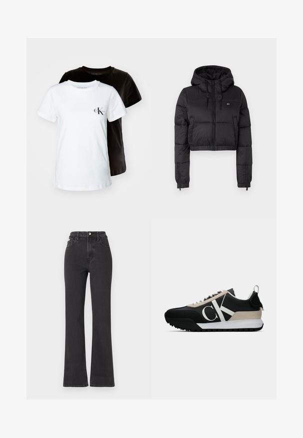 Giacca a vento cropped nera con cappuccio, dotata di chiusura frontale con zip, due tasche laterali e orlo elasticizzato. Texture liscia con branding minimale.; Due magliette a maniche corte, in bianco e nero, realizzate in cotone. Presentano un piccolo logo CK sul lato sinistro del petto della maglietta bianca.; Jeans neri a vita alta e a zampa d'elefante in denim, con chiusura a bottoni, passanti per cintura e tasche laterali. Texture liscia con minimal fading.; Sneaker nera con un accento in suede beige, logo bianco, suola in gomma e lacci. Presenta una tomaia durevole e un'etichetta sul tallone.