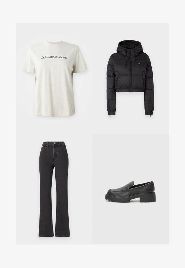 Černá zkrácená puffer bunda s kapucí, vybavená předním zipem, dvěma bočními kapsami a elastickým lemem. Hladká textura s minimálním značením.; Světle šedé tričko s krátkým rukávem s nápisem "Calvin Klein Jeans" tištěným černě uprostřed na hrudi.; Černé vysoké rozšířené džíny z denimu, se zapínáním na knoflík, poutky na opasek a bočními kapsami. Hladká textura s minimálním vyblednutím.; Černé kožené mokasíny s okrouhlou špičkou, silnou strukturovanou podrážkou a minimálními detaily šití. Elegantní design bez viditelných tkaniček nebo kovových prvků.