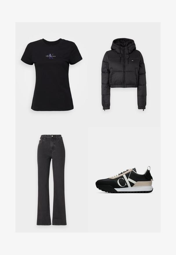 Black cropped puffer jacket with a hood, featuring a front zipper, two side pockets, and an elastic hem. Smooth texture with minimal branding.; Black cotton t-shirt with a round neck, featuring a purple and white "Calvin Klein Jeans" logo on the chest. Short sleeves, regular fit.; Black high-waisted flared jeans made of denim, featuring a button closure, belt loops, and side pockets. Smooth texture with minimal fading.; Black sneaker with a beige suede accent, white logo, rubber sole, and laces. Features a durable upper and a pull tab on the heel.