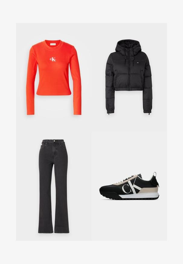 Fekete, rövidített puffertakaró kabát kapucnival, elülső cipzárral, két oldalsó zsebbel és elasztikus aljjal. Sima textúra, minimális márkázással.; Piros, hosszú ujjú pamut felső bordázott textúrával és kerek nyakkivágással. A mellkason fehér logó található. Rövidített fazon.; Fekete, magas derekú, trapéz fazonú farmernadrág, gombos záródással, övrésszel és oldalsó zsebekkel. Sima textúrájú, minimális kopással.; Fekete sportcipő bézs velúr kiegészítővel, fehér logóval, gumitalppal és fűzőkkel. Tartós felsőrésszel és húzófüllel rendelkezik a sarkán.