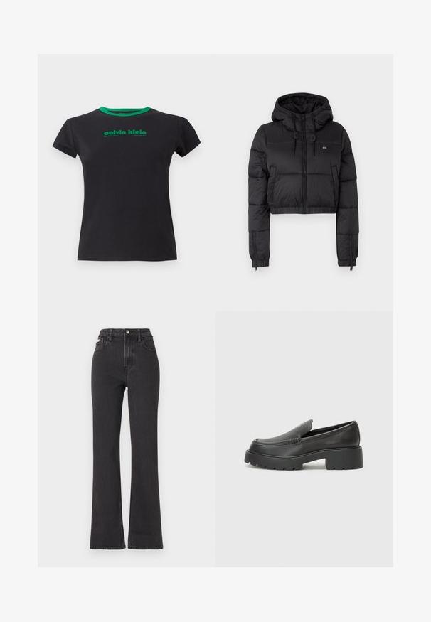 Juodas trumpas pūkinis džemperis su gobtuvu, su priekine užtrauktuku, dviem šoninėmis kišenėmis ir elastingu apačiu. Lygi tekstūra su minimaliu ženklinimu.; Juodos medvilnės marškinėliai trumpomis rankovėmis su apvaliu žaliu apykaklė. Priekyje yra žalios spalvos užrašas: "calvin klein, West 29th Street, New York City."; Juodi aukštu liemeniu platėjantys džinsai, pagaminti iš džinsinio audinio, su mygtuko uždarymu, diržo kilpomis ir šoninėmis kišenėmis. Lygus paviršius su minimaliais išblukimais.; Juodi odiniai loaferiai su apvaliu pirštu, storu tekstūruotu padu ir minimaliu siūlių dekoru. Išskirtinis dizainas be matomų raištelių ar furnitūros.