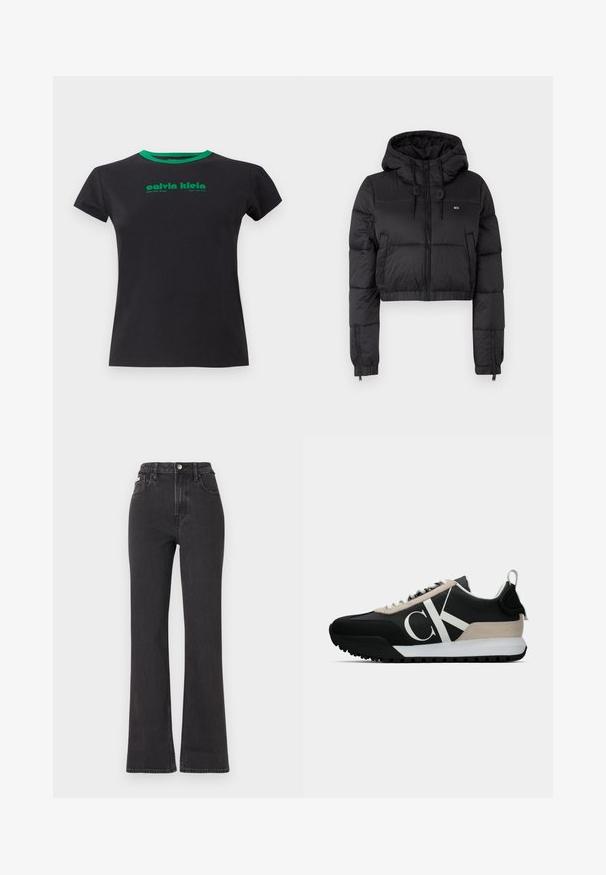 Černá zkrácená puffer bunda s kapucí, vybavená předním zipem, dvěma bočními kapsami a elastickým lemem. Hladká textura s minimálním značením.; Černé bavlněné tričko s krátkými rukávy a kulatým zeleným výstřihem. Obsahuje zelený potisk s textem: "calvin klein, West 29th Street, New York City."; Černé vysoké rozšířené džíny z denimu, se zapínáním na knoflík, poutky na opasek a bočními kapsami. Hladká textura s minimálním vyblednutím.; Černé tenisky s béžovým semišovým akcentem, bílým logem, gumovou skluznicí a tkaničkami. Nabízejí odolný svršek a poutko na patě.